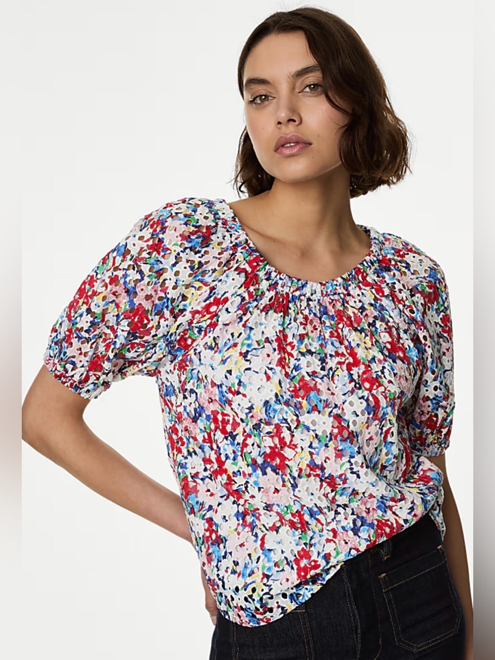 NWOT, Marks & Spencer Cotton Red, White & Blue Floral Broderie Blouse,  Size 12